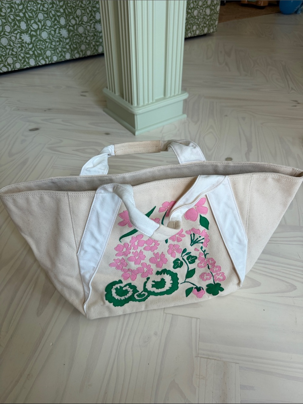 Pamela Munson Floral Canvas Tote Bag in Pink and Green